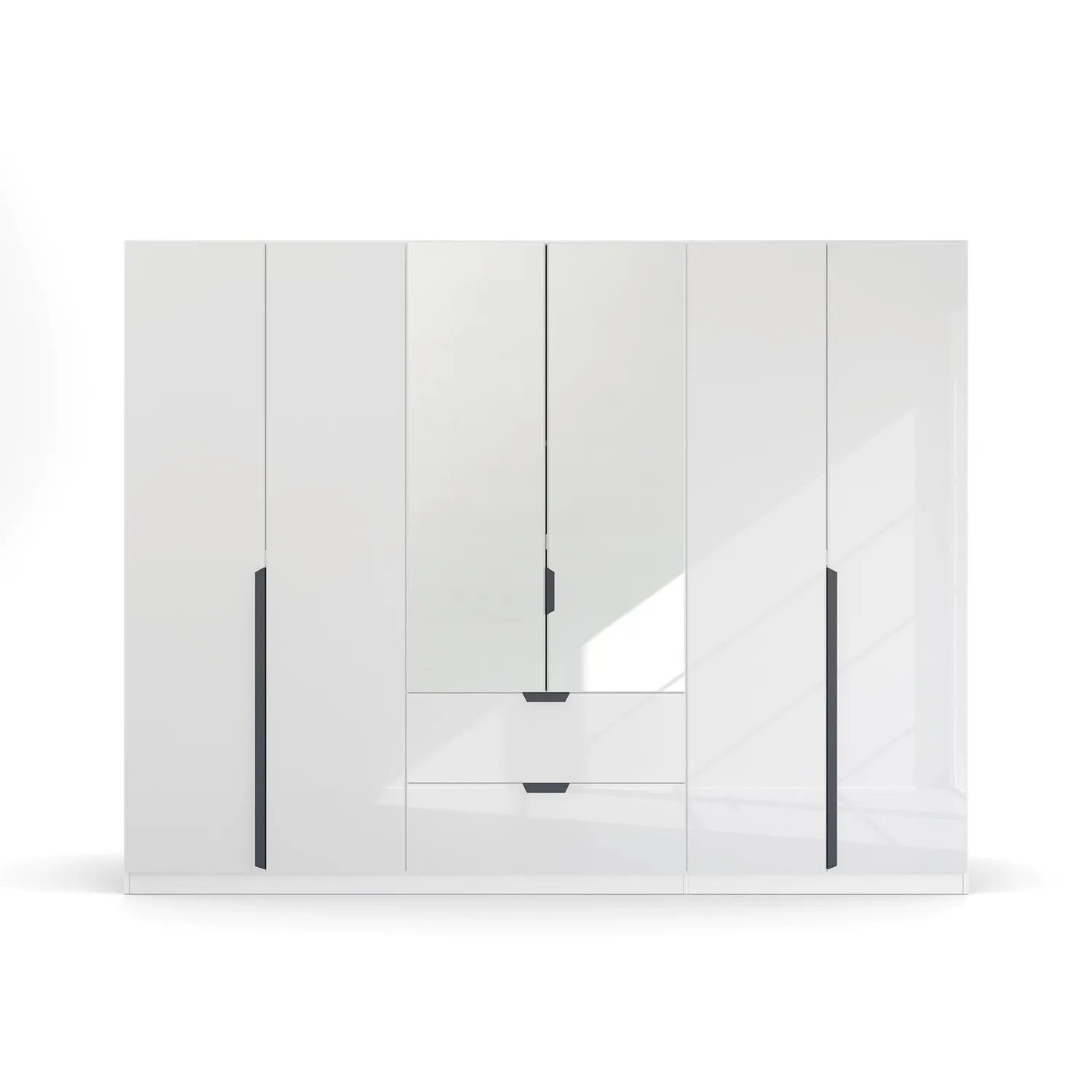 Mulheim 6 Door White Glass Wardrobe with Mirror and Drawers - Pendle Village Furniture