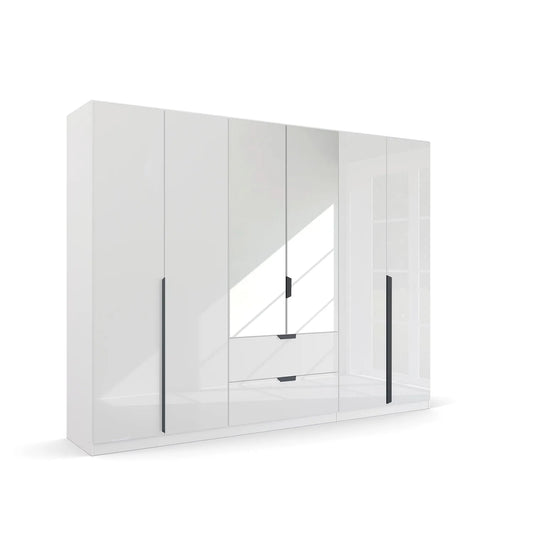 Mulheim 6 Door White Glass Wardrobe with Mirror and Drawers - Pendle Village Furniture