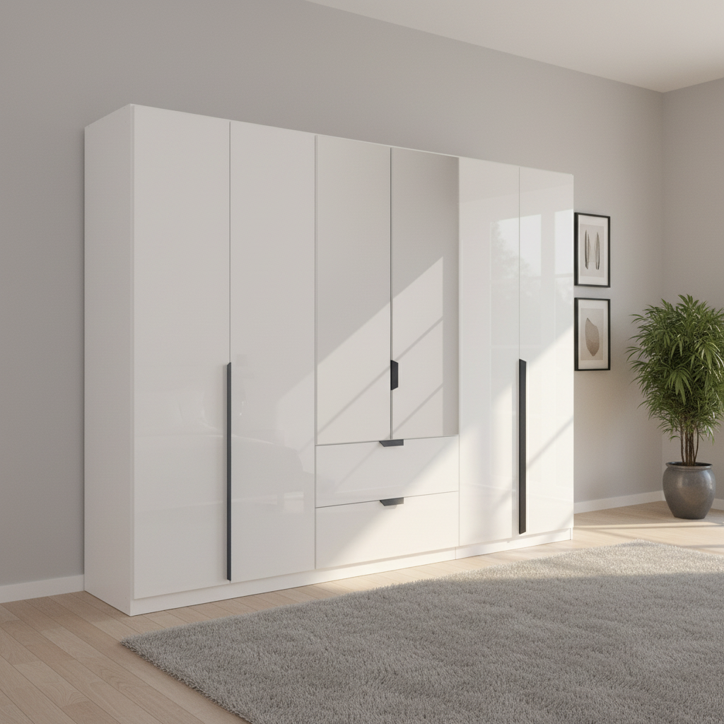 Rauch Modern Mulheim White 6 Door Wardrobe with Mirror and Drawers 