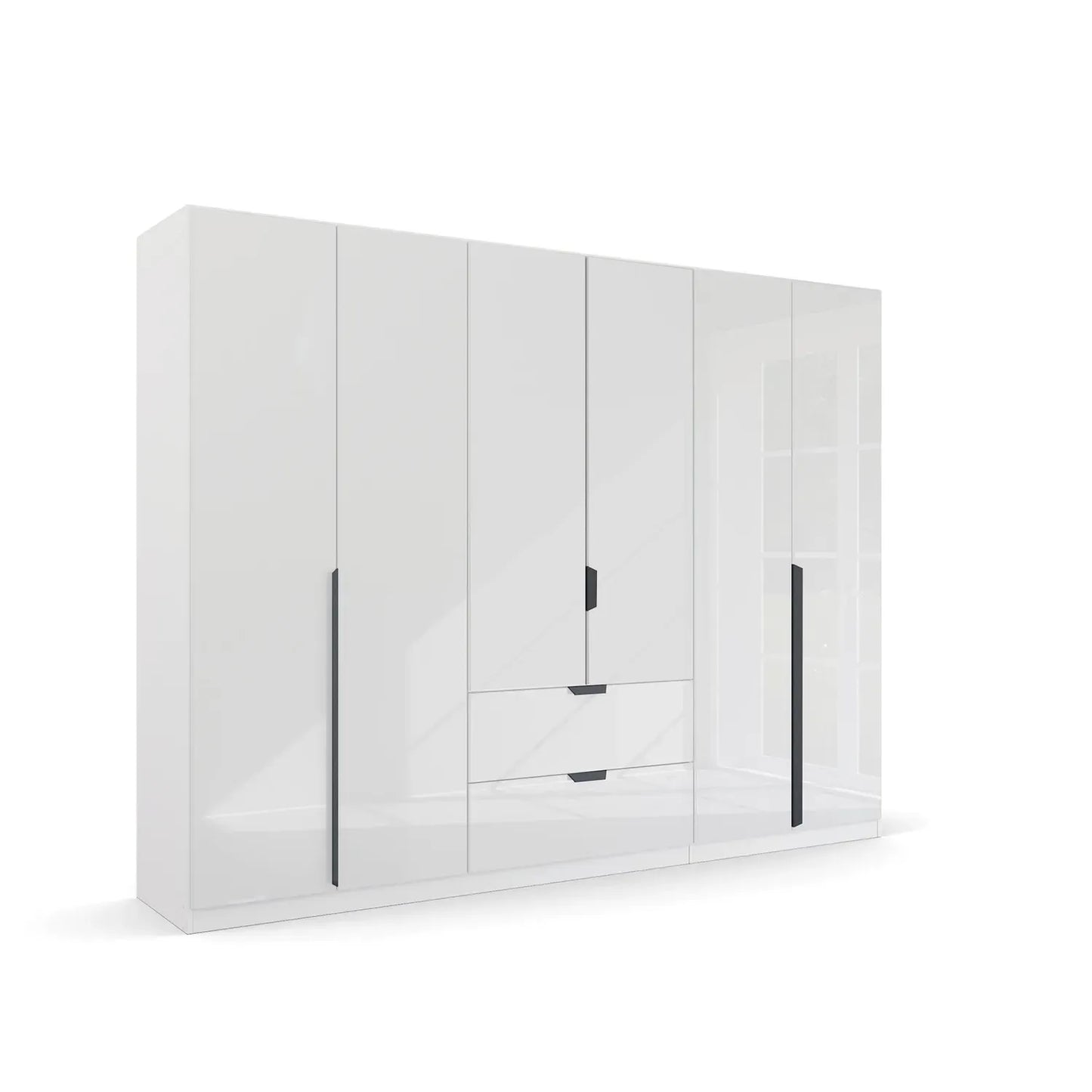 Mulheim 6 Door White Glass Wardrobe with Mirror and Drawers