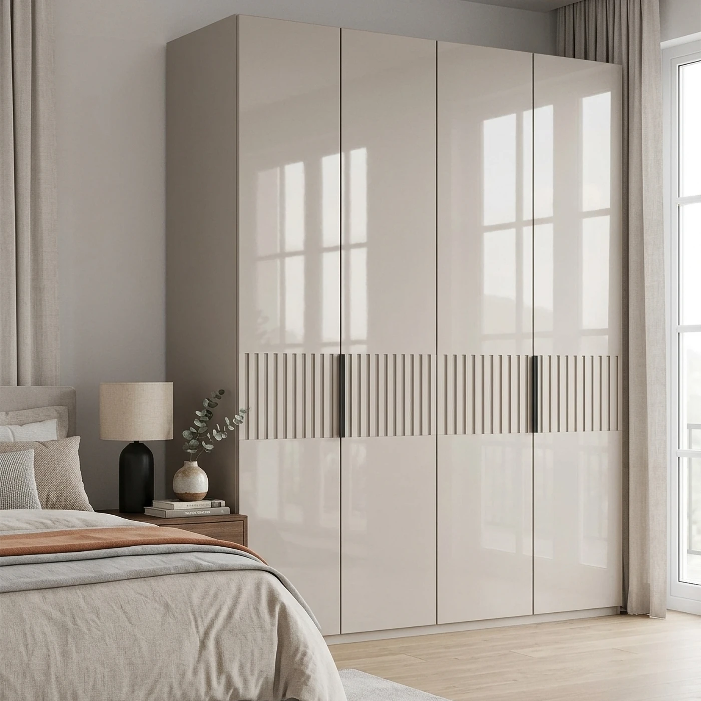 Styled in a room Wiemann Newlin Champagne Glass 4 Door Hinged Wardrobe with Decking on the middle of the door W200cm