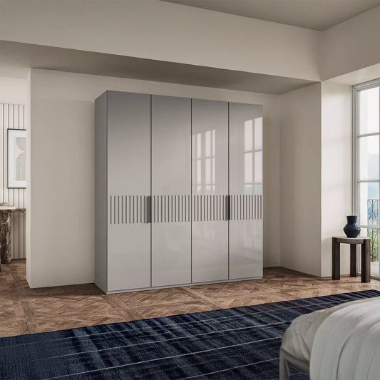 Wiemann Newlin Pebble Grey Glass 4 Door Hinged Wardrobe with Decking on the middle of the door W200cm