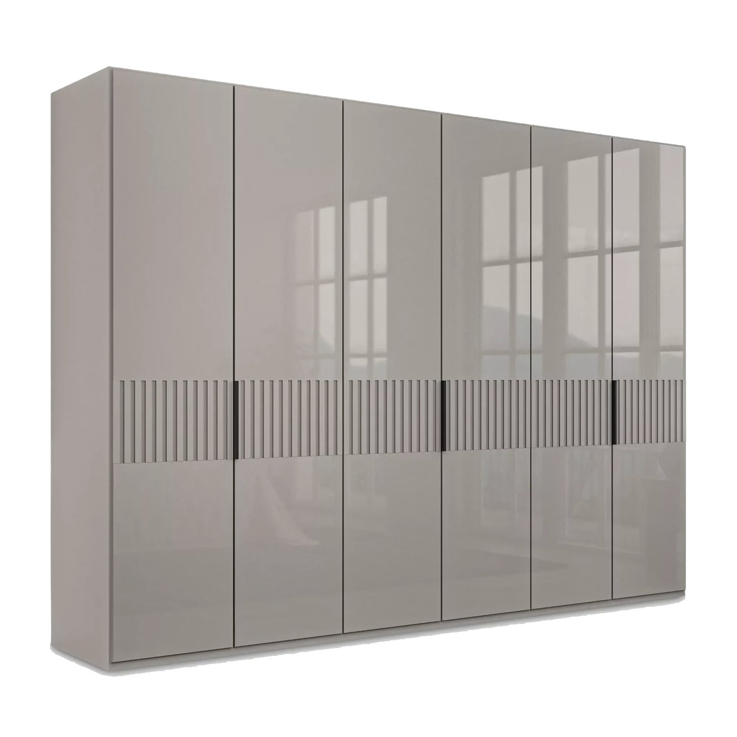 Wiemann Newlin Pebble Grey Glass Front 6 Door Hinged Wardrobe - Large 300cm Wardrobe