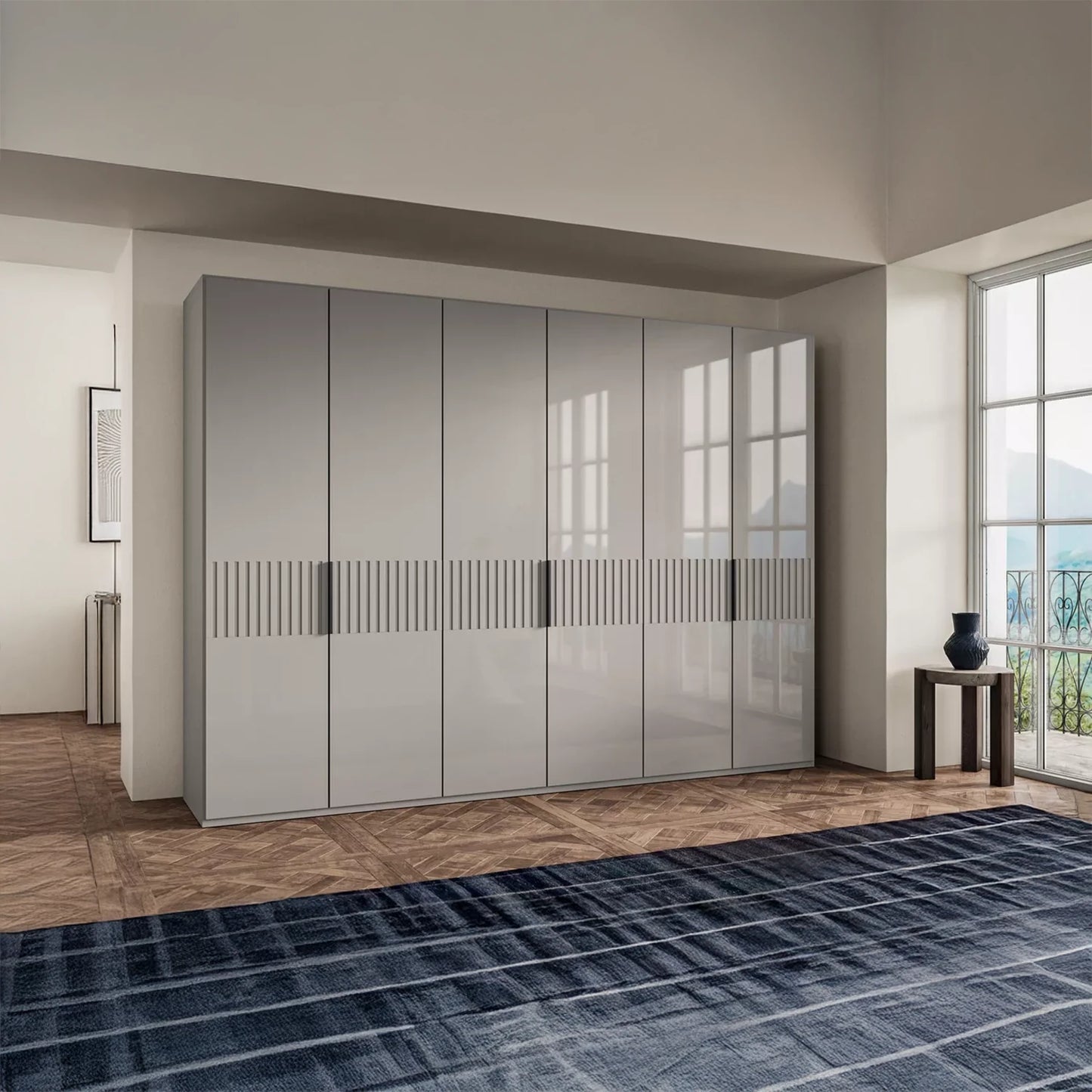 Wiemann Newlin Pebble Grey Glass Front 6 Door Hinged Wardrobe 