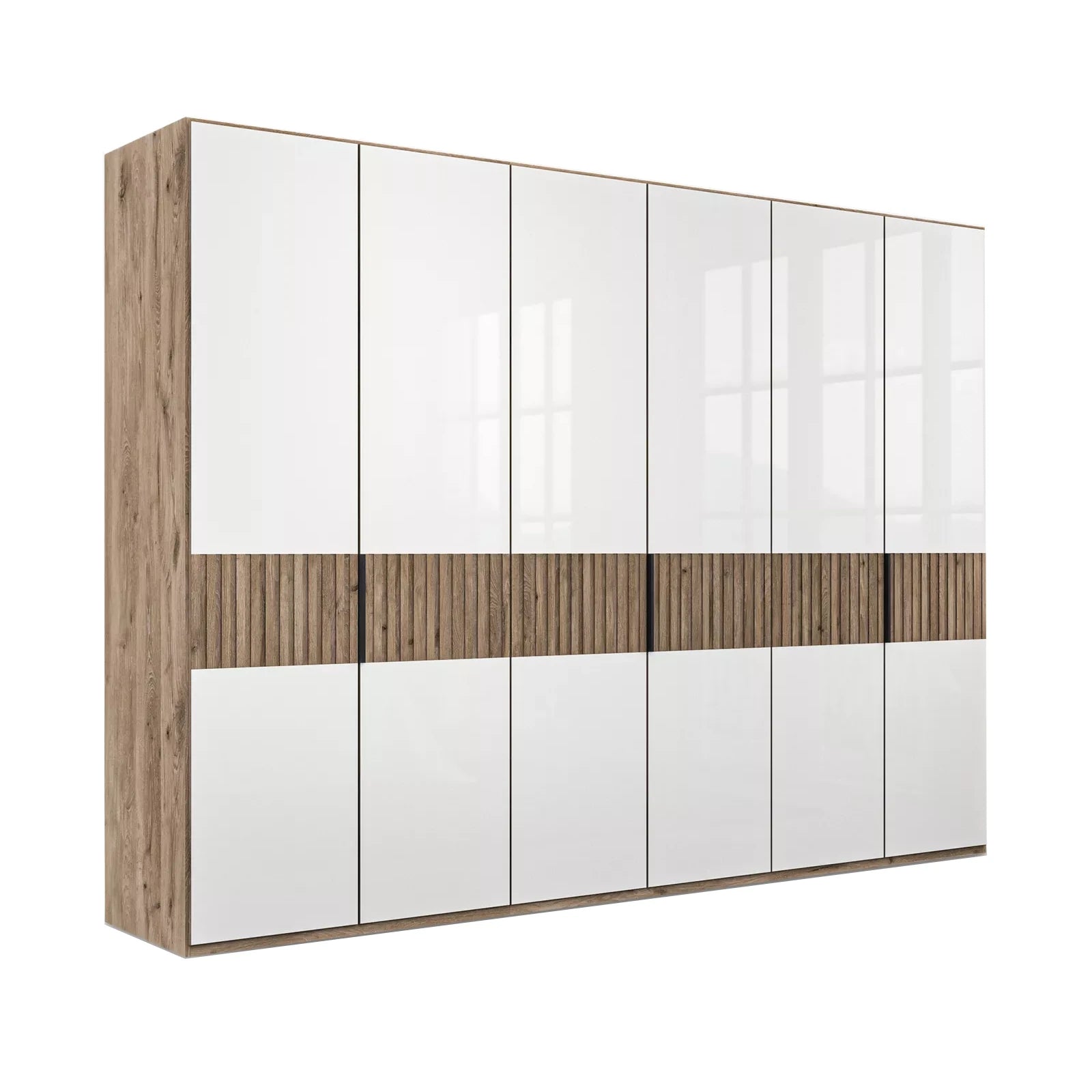Wiemann Newlin White Glass Front 6 Door Hinged Wardrobe with Oak Carcase and Decking