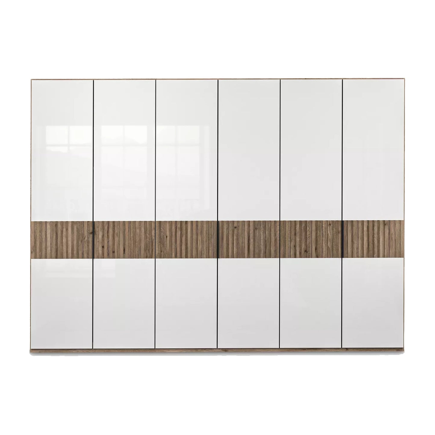 Wiemann Newlin White Glass Front 6 Door Hinged Wardrobe with Oak Carcase and Decking width 300cm