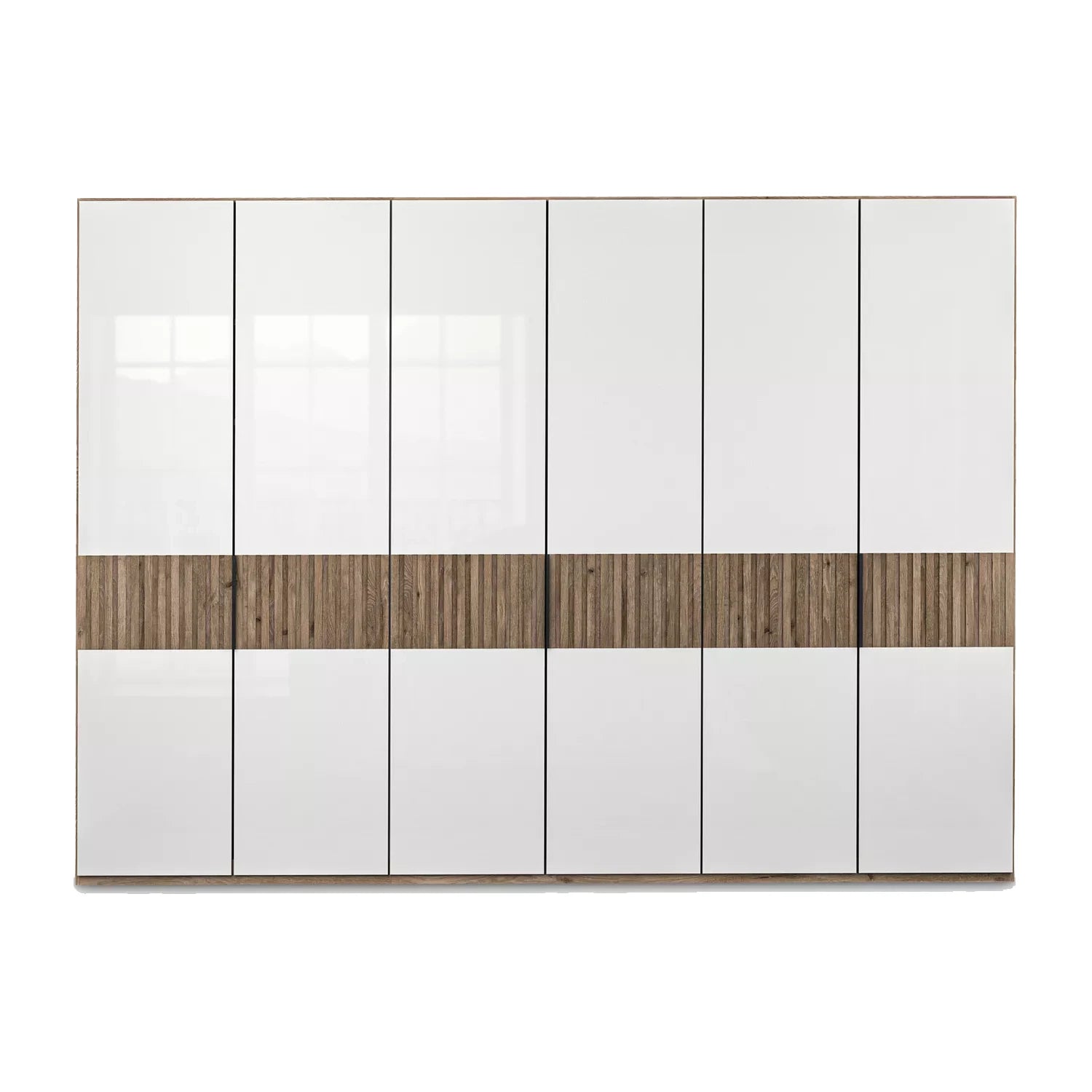 Wiemann Newlin White Glass Front 6 Door Hinged Wardrobe with Oak Carcase and Decking width 300cm