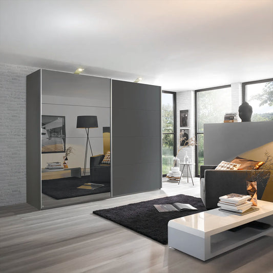 Graphite sliding wardrobe with configurable grey mirror panels