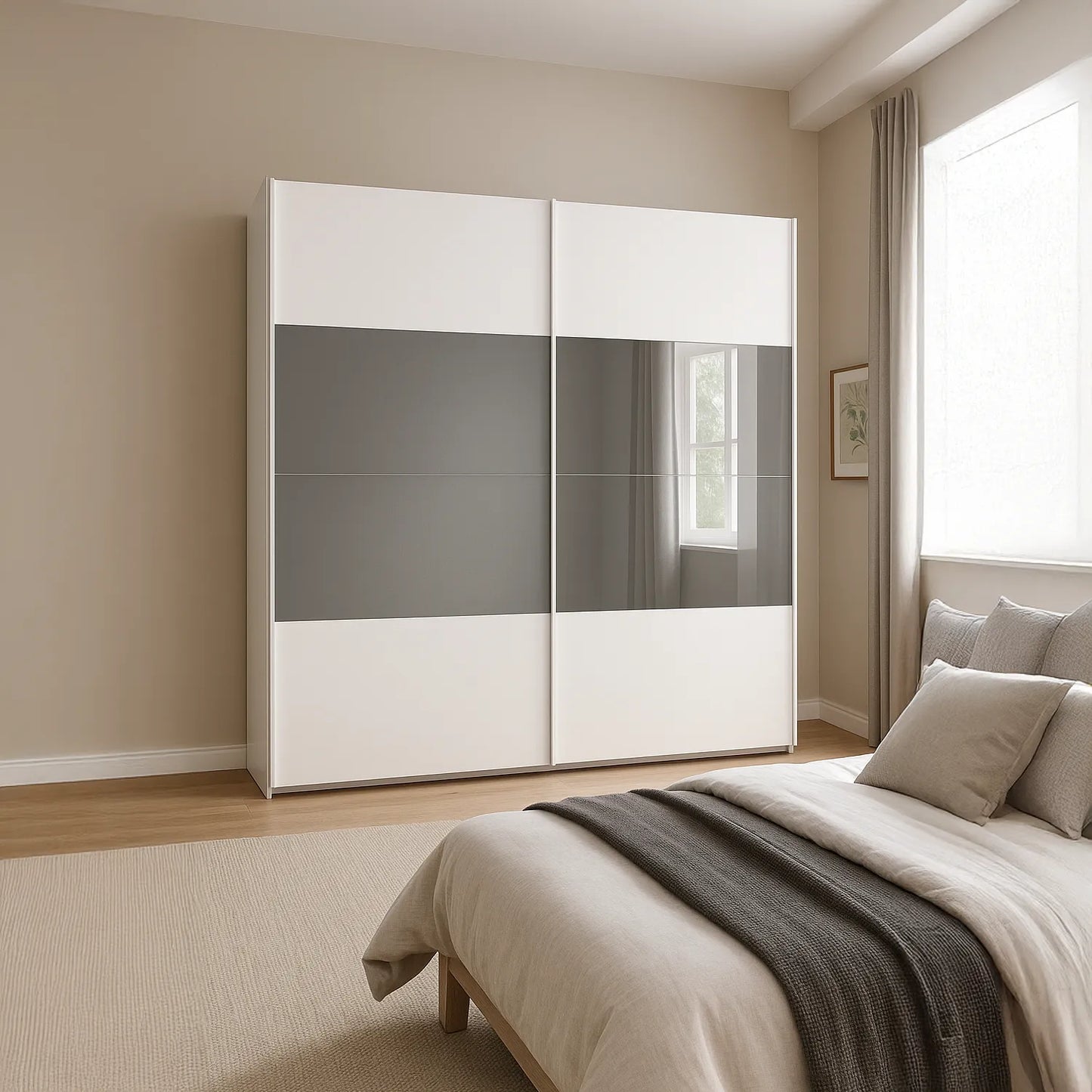 Lifestyle Image of Nimbus Large White Sliding Door Wardrobe with Grey Mirror 