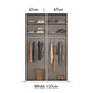Clothing wardrobe with measurements and clothes displayed on hangers.