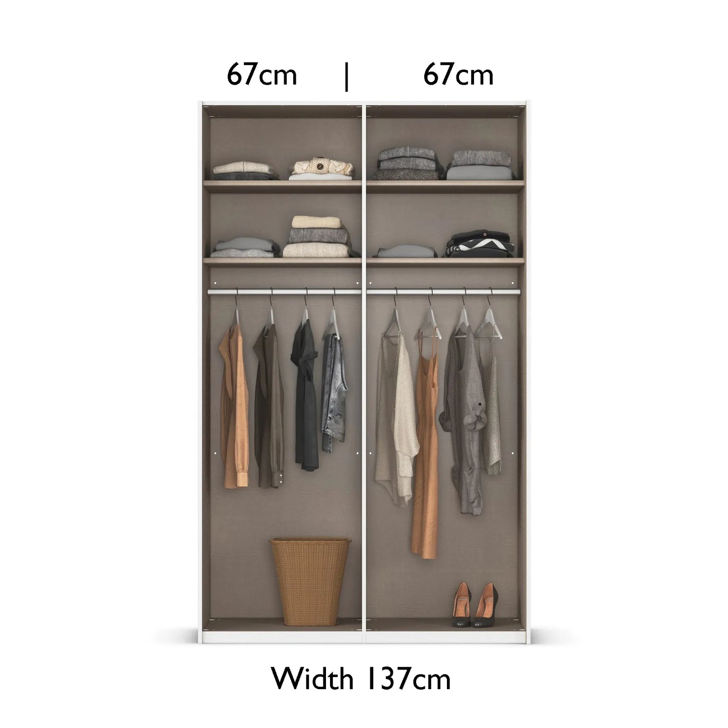 Clothing wardrobe with measurements and clothes displayed on hangers.