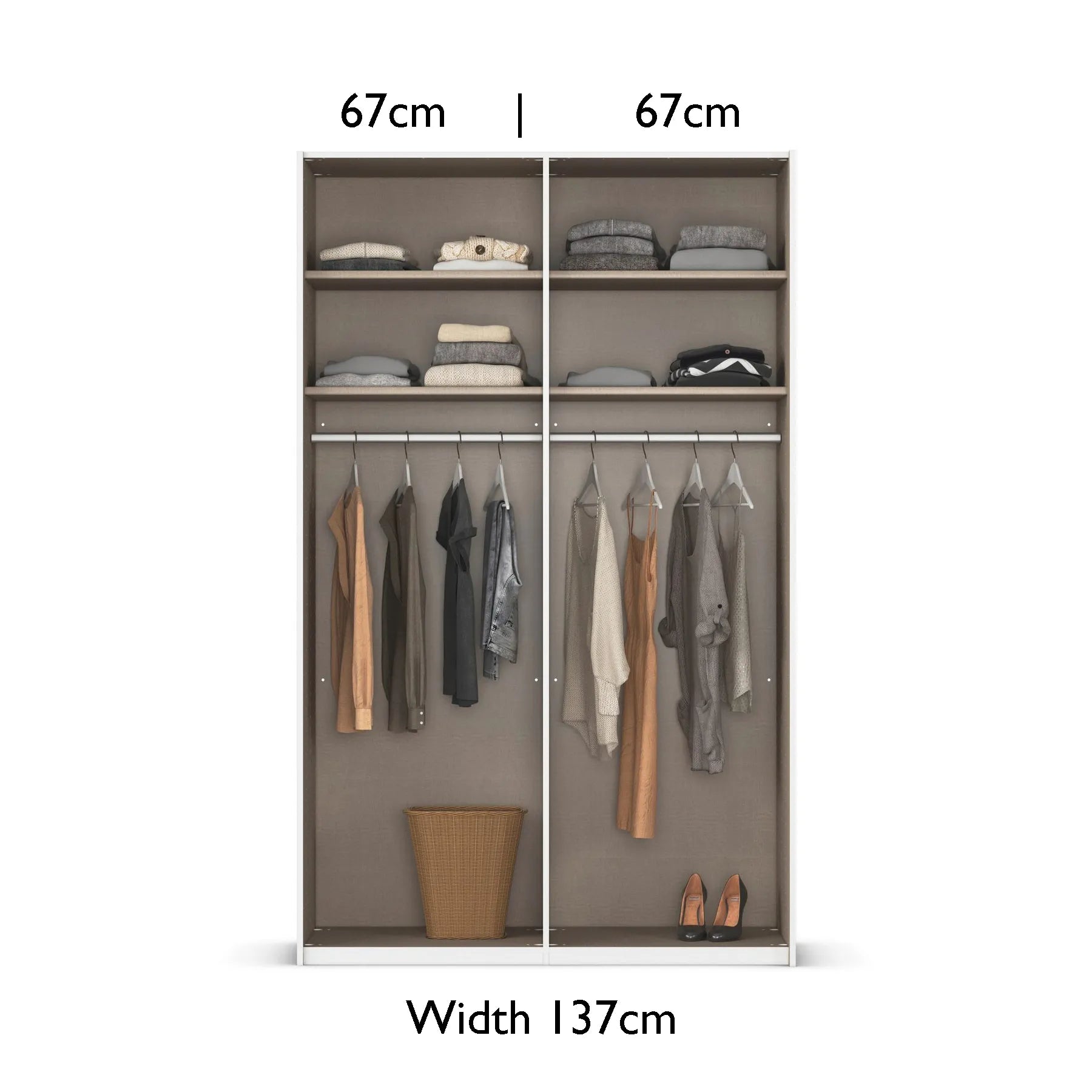 Clothing wardrobe with measurements and clothes displayed on hangers.