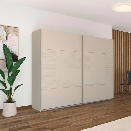 Novaro Champagne Glass Sliding Door Wardrobe - Styled in a Bedroom