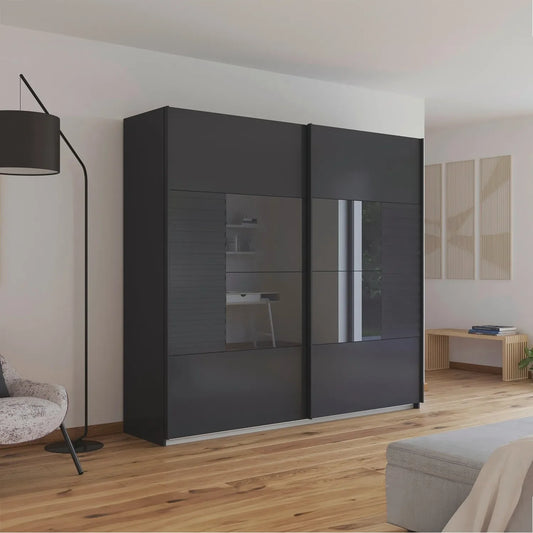 Novaro Graphite & Basalt Glass Sliding Door Wardrobe - Styled in a Bedroom
