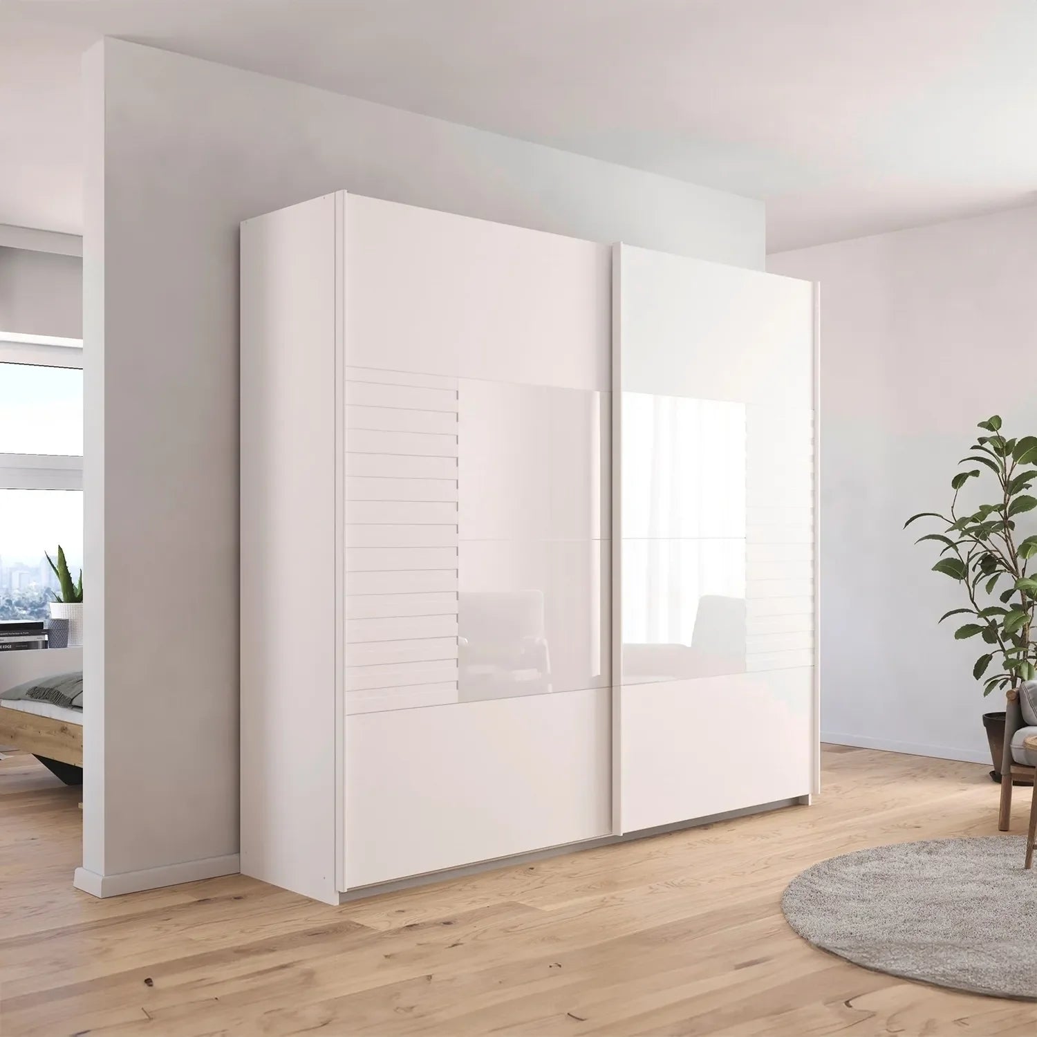 Novaro White Sliding Door Wardrobe - Styled in a Bedroom