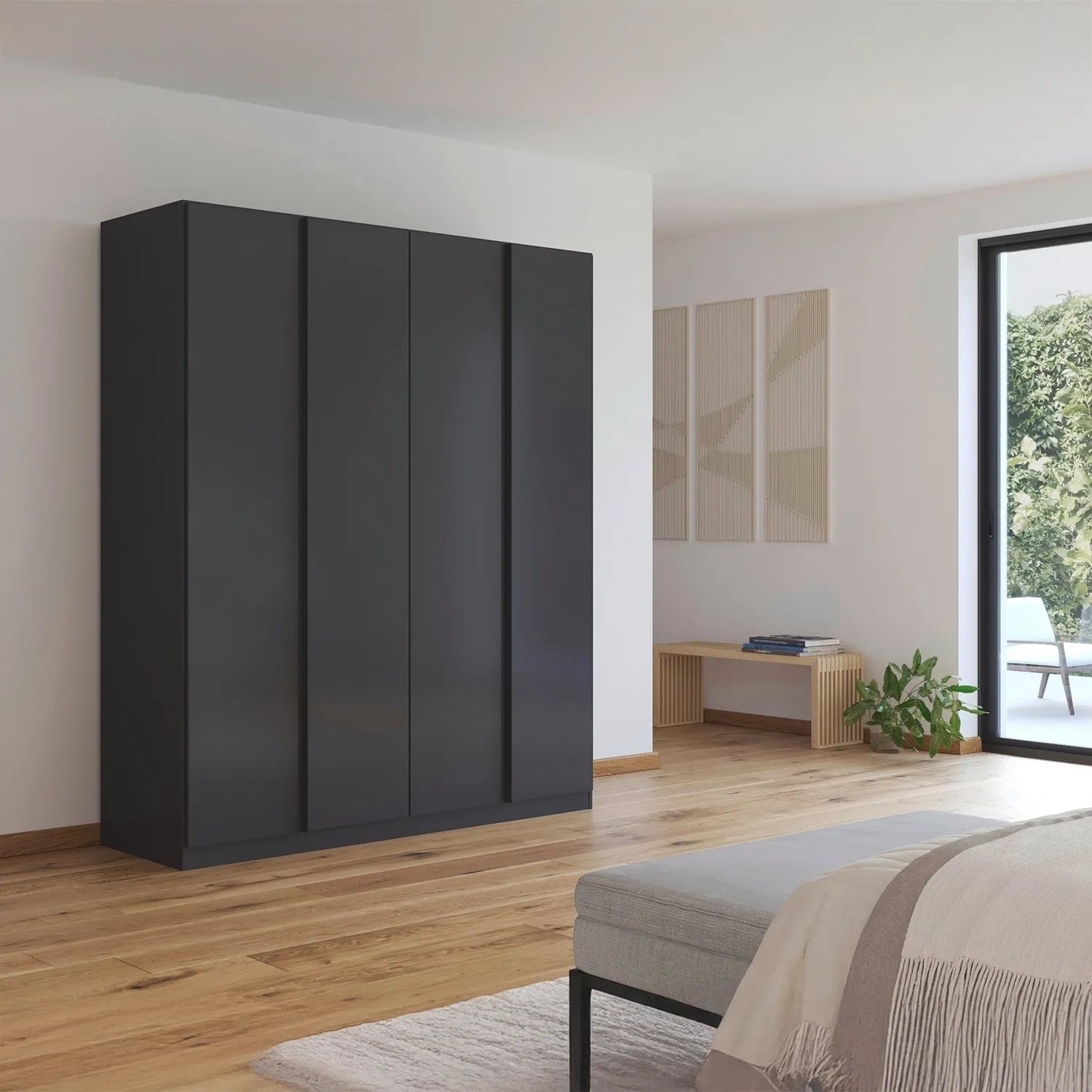 Novus 4 Door Decor Hinged Wardrobe in Graphite - 181cm - Styled in a Bedroom