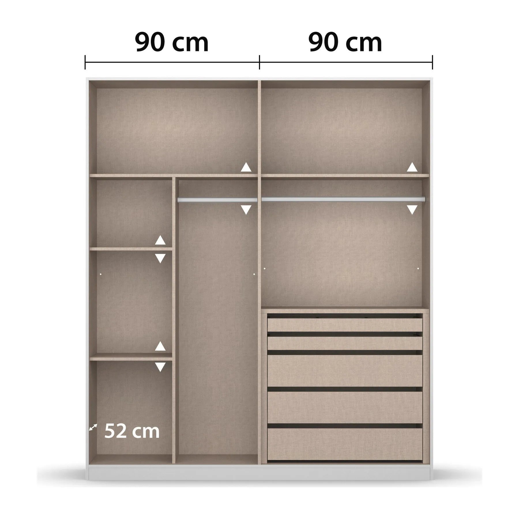 Novus 4 Door Decor Hinged Wardrobe - 181cm -Premium Interior View With Dimensions