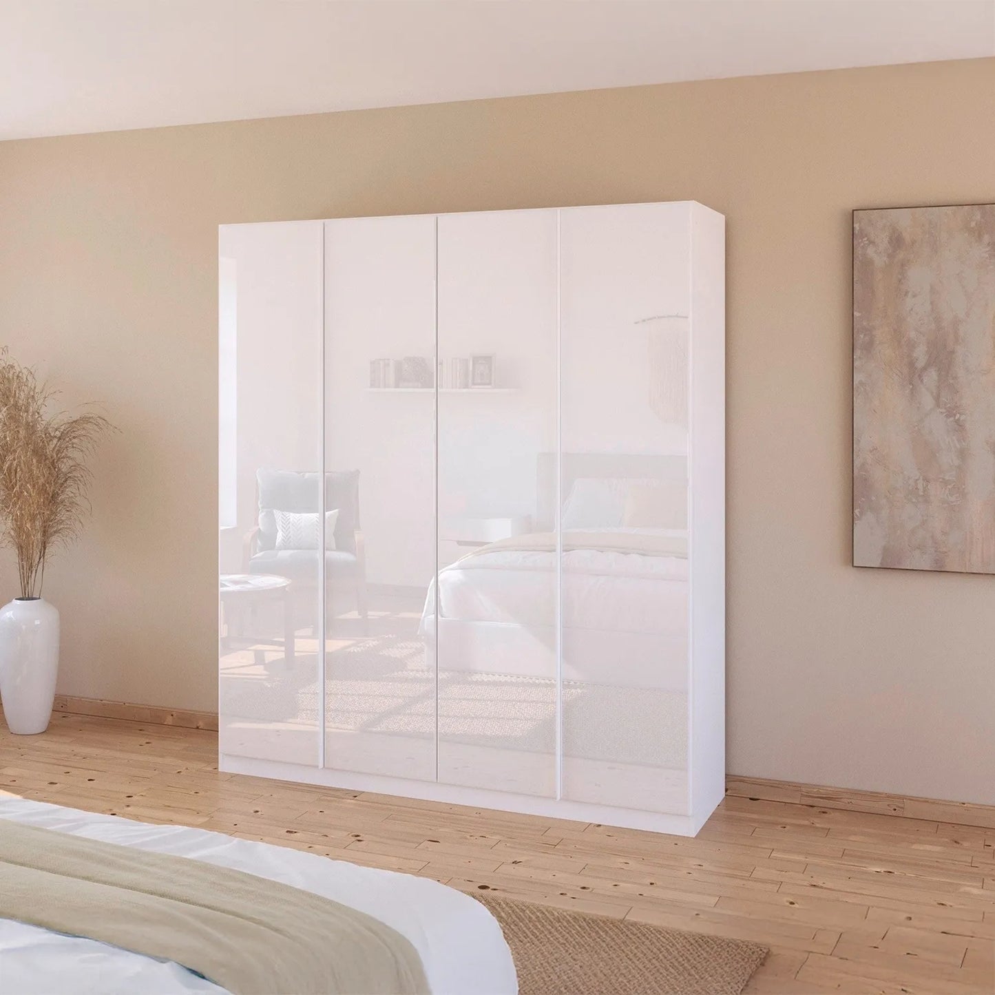 Novus 4 Door Glass Hinged Wardrobe in White Glass - 181cm - Styled in a Bedroom