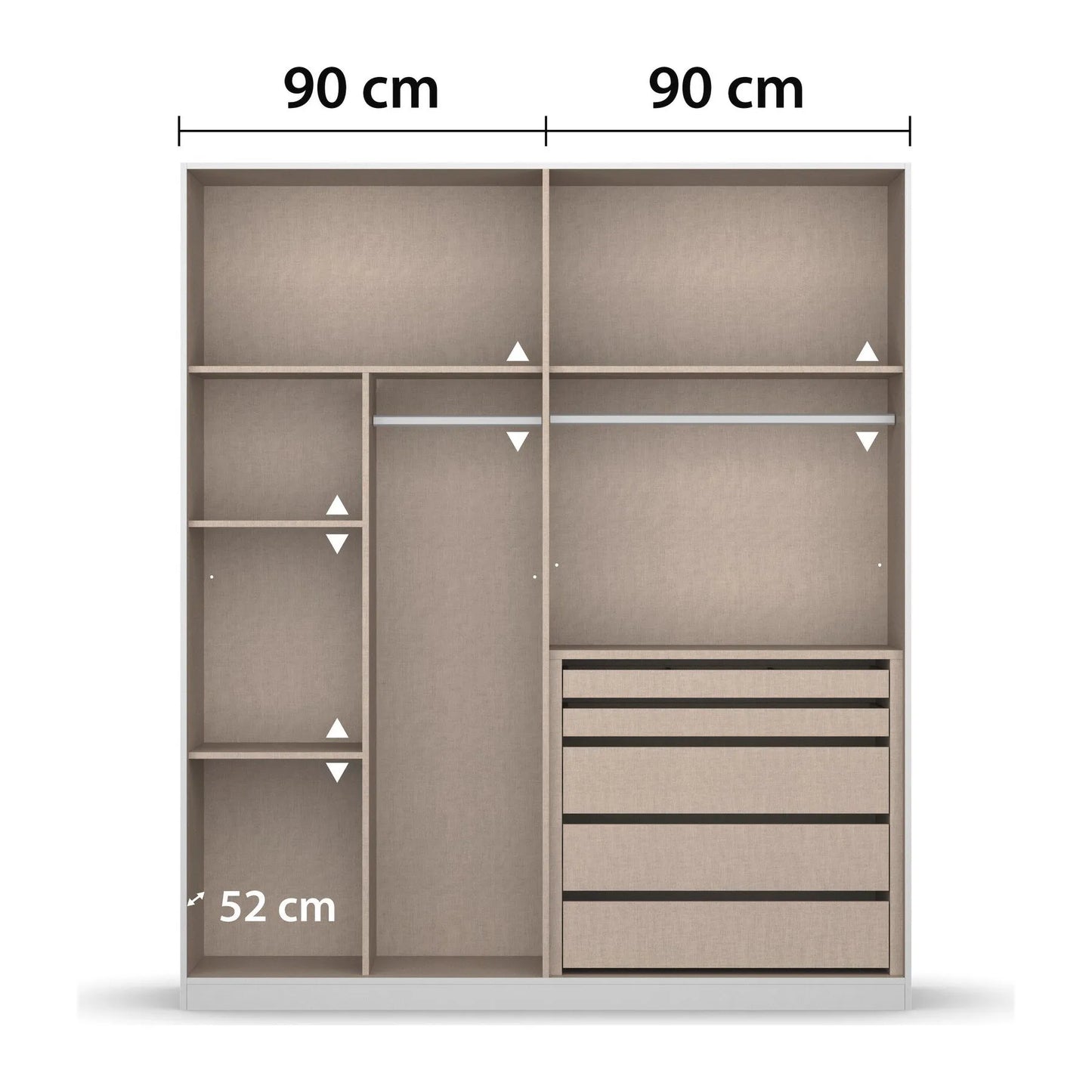 Novus 4 Door Glass Hinged Wardrobe - 181cm - Premium interior View With Dimensions
