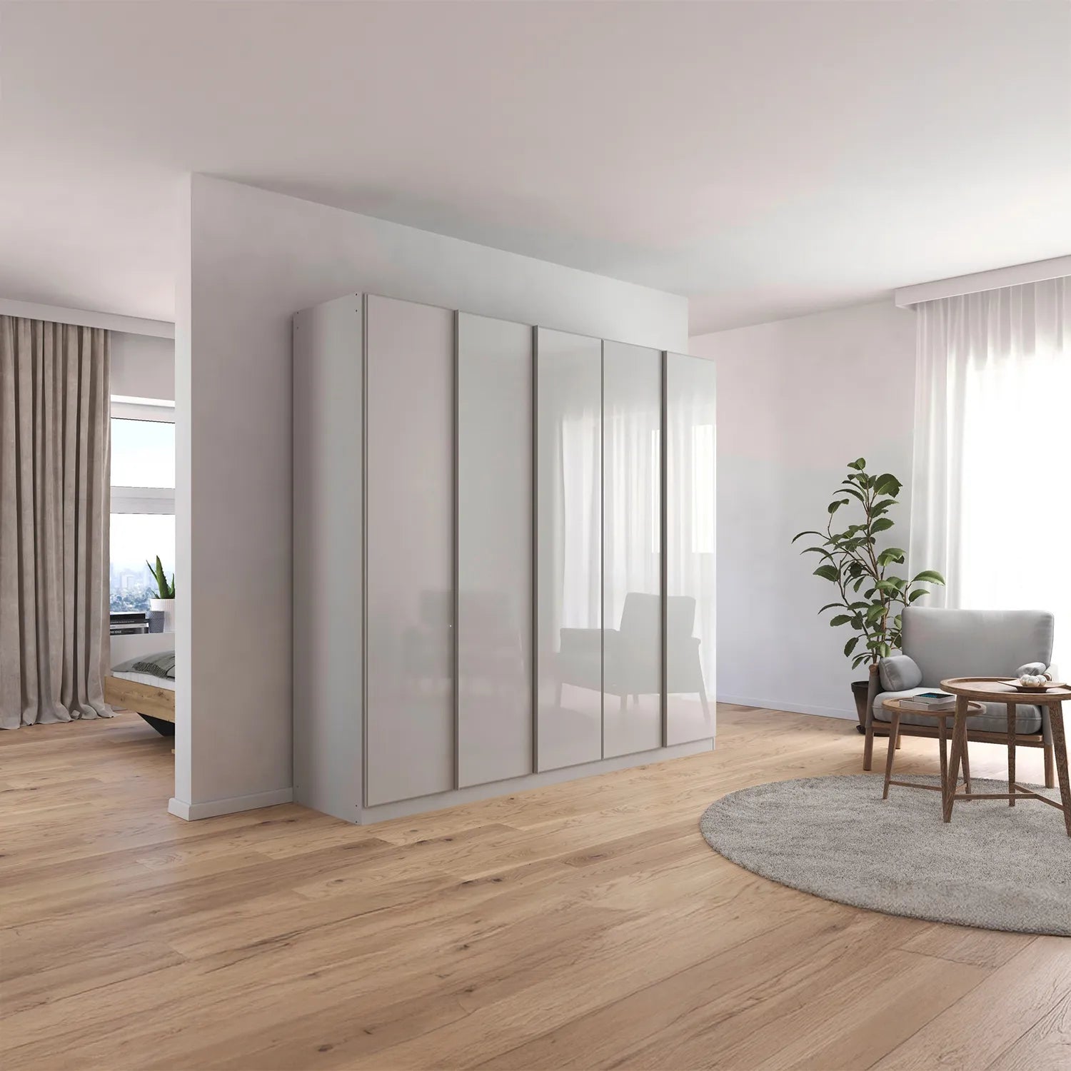 Novus 5 Door Glass Hinged Wardrobe in Silk Grey - 226cm - Styled in a Bedroom