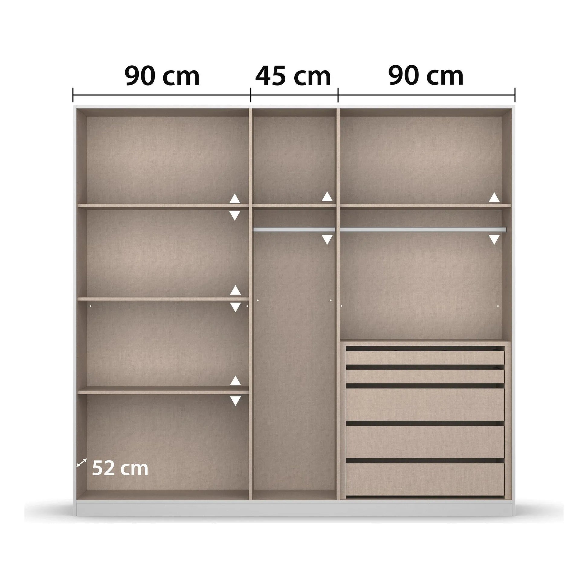 Novus 5 Door Glass Hinged Wardrobe - 226cm - Premium Interior View With Dimensions