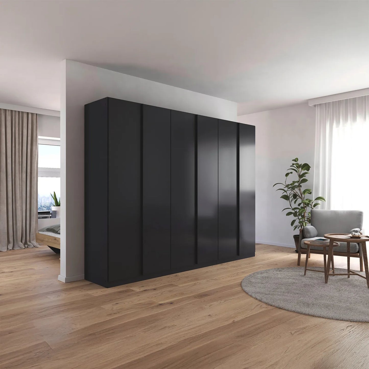 Novus 6 Door Decor Hinged Wardrobe in Graphite- 271cm - Styled in a Bedroom