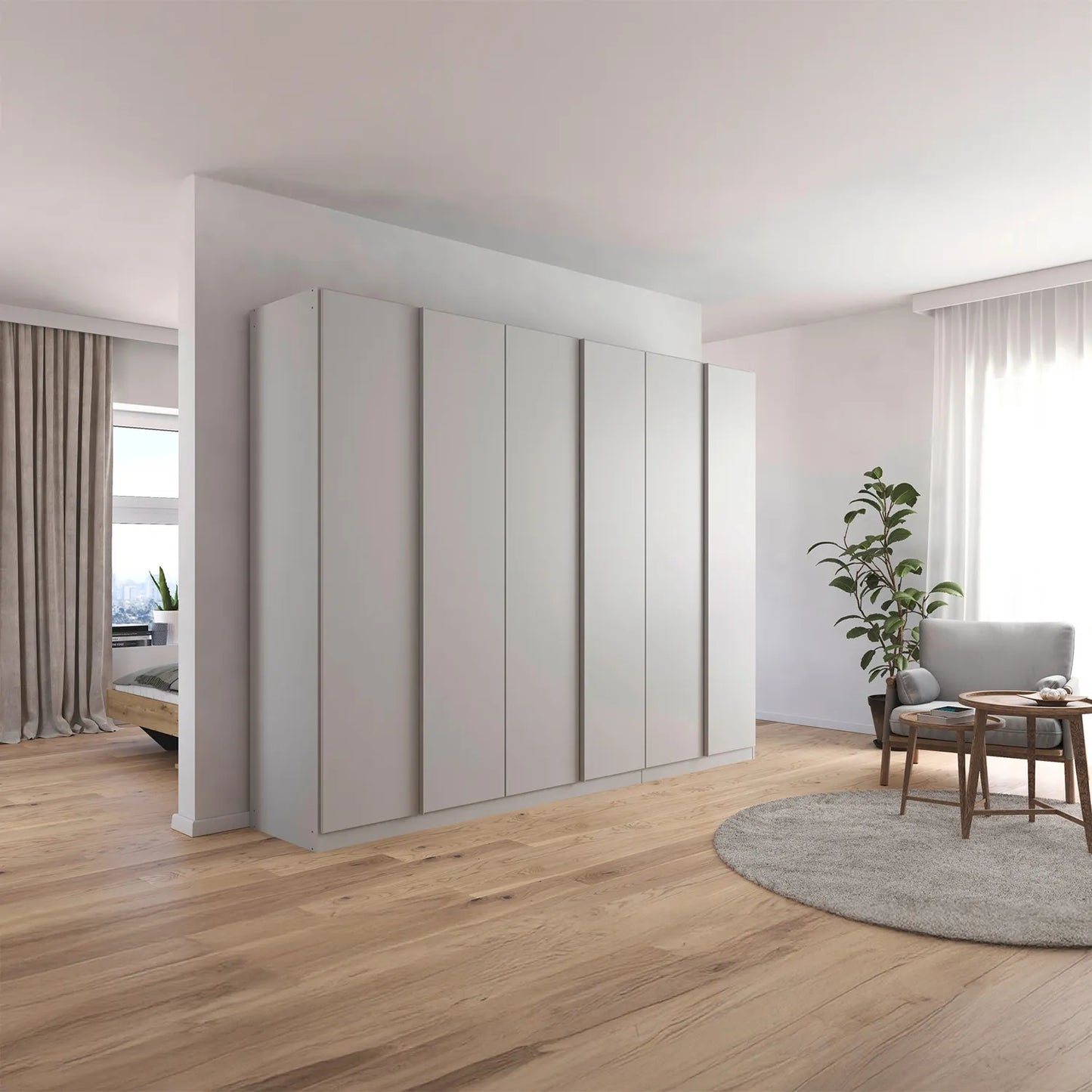 Novus 6 Door Decor Hinged Wardrobe in Silk Grey- 271cm - Styled in a Bedroom