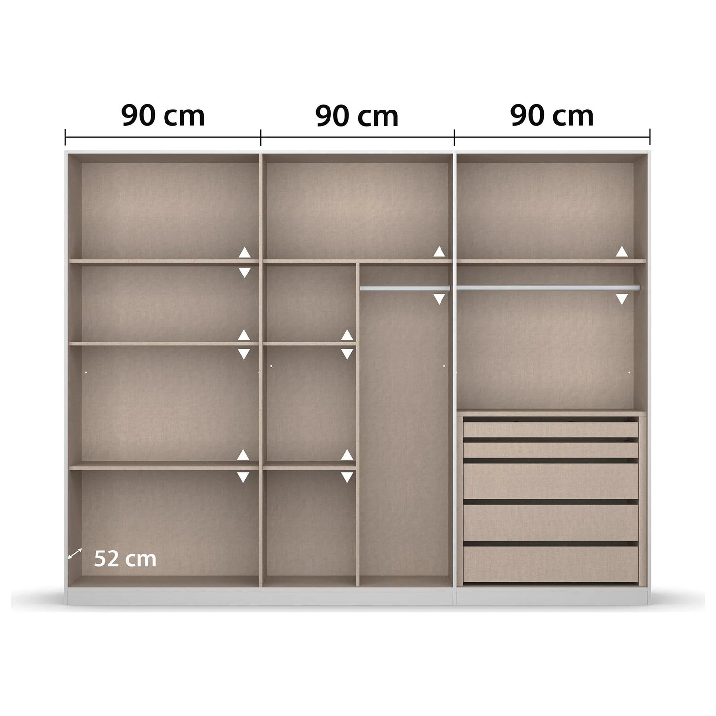 Novus 6 Door Decor Hinged Wardrobe in Graphite- 271cm - Premium Interior View With Dimensions