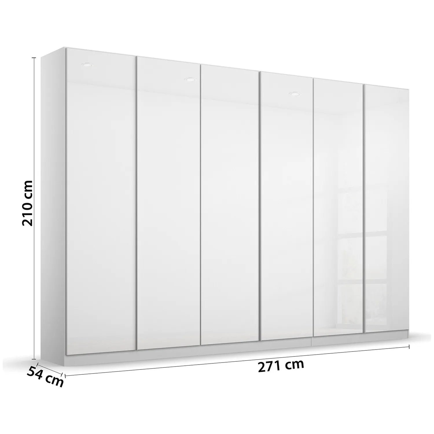 Novus 6 Door Glass Hinged Wardrobe in White With Dimensions written on white background 