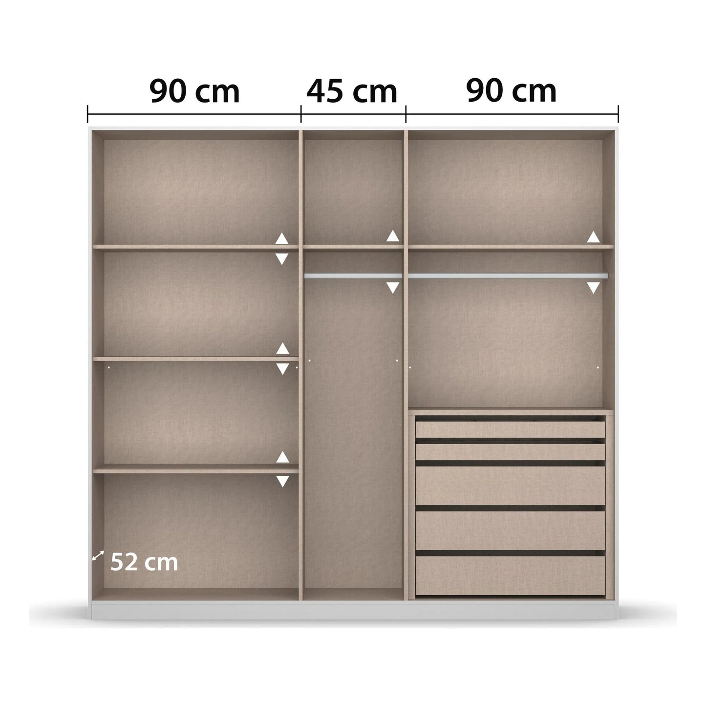 Novus 5 Door Decor Hinged Wardrobe  - Premium Interior View With Dimensions