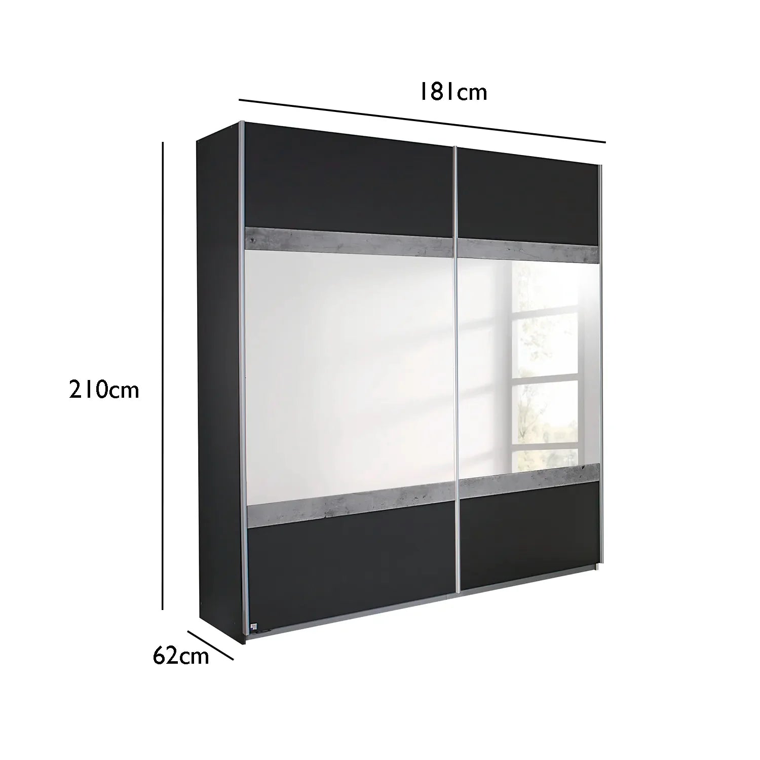 Penzberg 181cm Sliding Door Wardrobe with Mirror with dimensions labeled on a white background