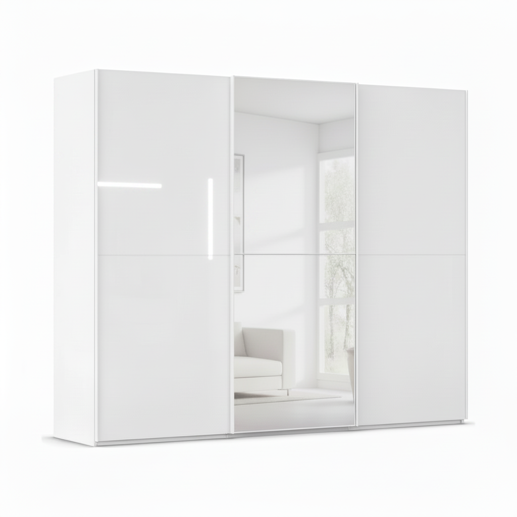 A modern white Glass sliding wardrobe with standard Mirror on the middle door