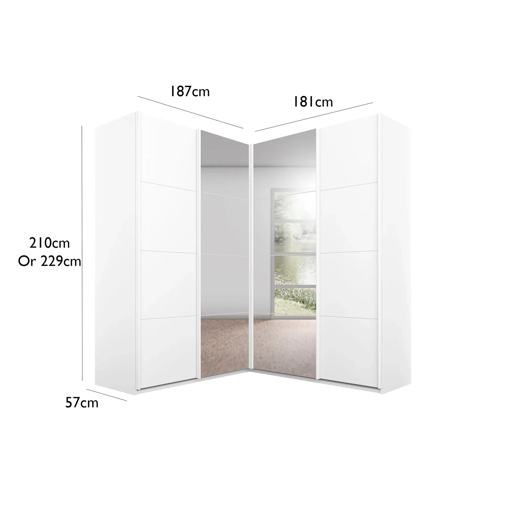 Lema 181cm 4 Door Corner Sliding Wardrobe with 2 Glass Doors and 2 Mirror Doors - Dimensions