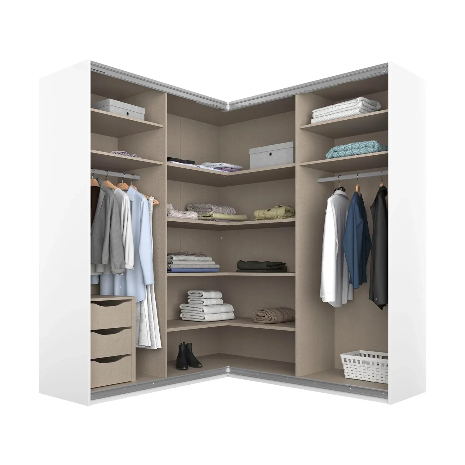 Lema 181cm 4 Door Corner Sliding Wardrobe with 2 Glass Doors and 2 Mirror Doors - Interior view Styled in a Bedroom