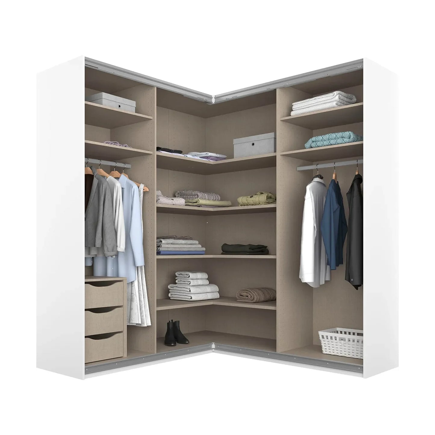 Lema Metallic Grey Corner Sliding Wardrobe - Interior view Styled in a Bedroom