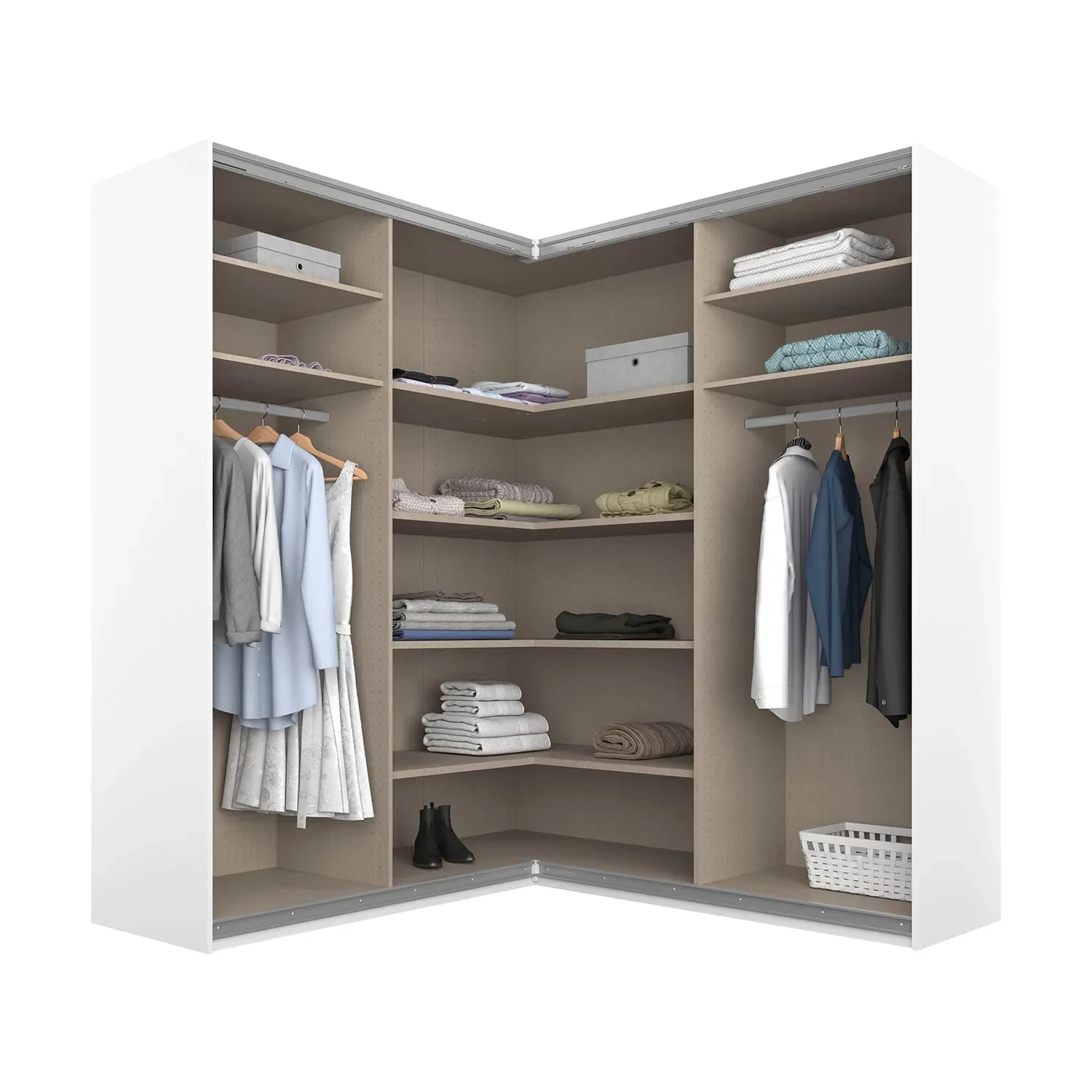 Rauch Lema 4 Door Sliding Corner Wardrobe - Interior view Styled in a Bedroom