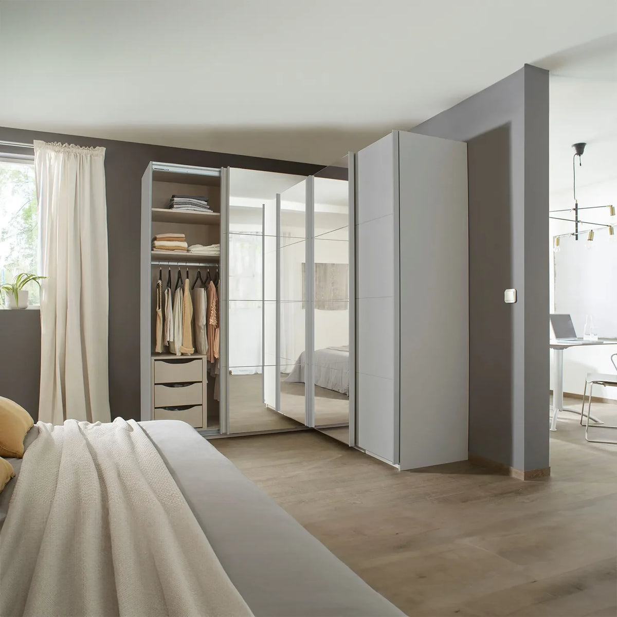 Rauch Lema 4 Door Sliding Corner Wardrobe - Silk Grey Glass - Pendle Village Furniture