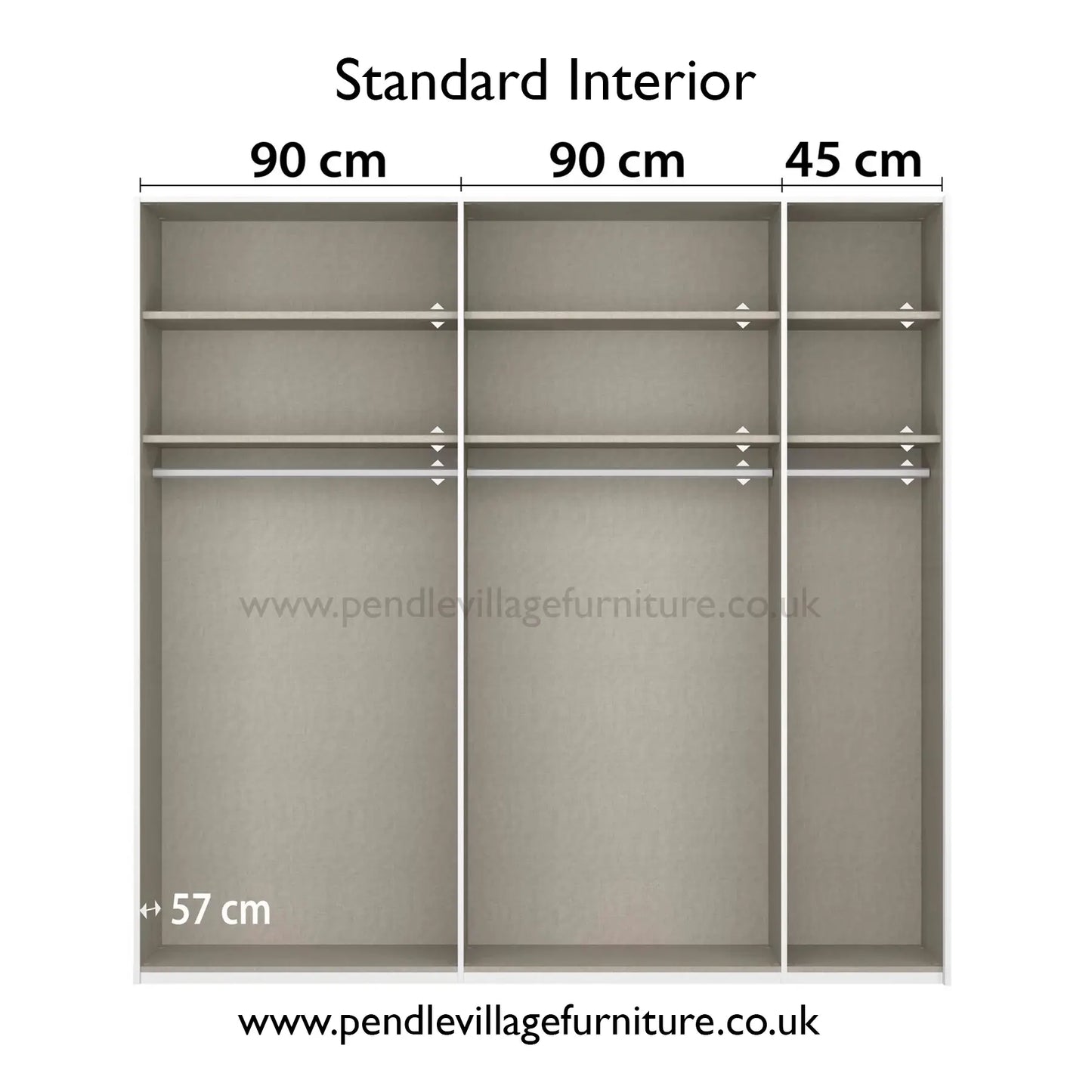 Measurement chart of a standard interior of a wardrobe with dimensions labeled - Width 226cm
