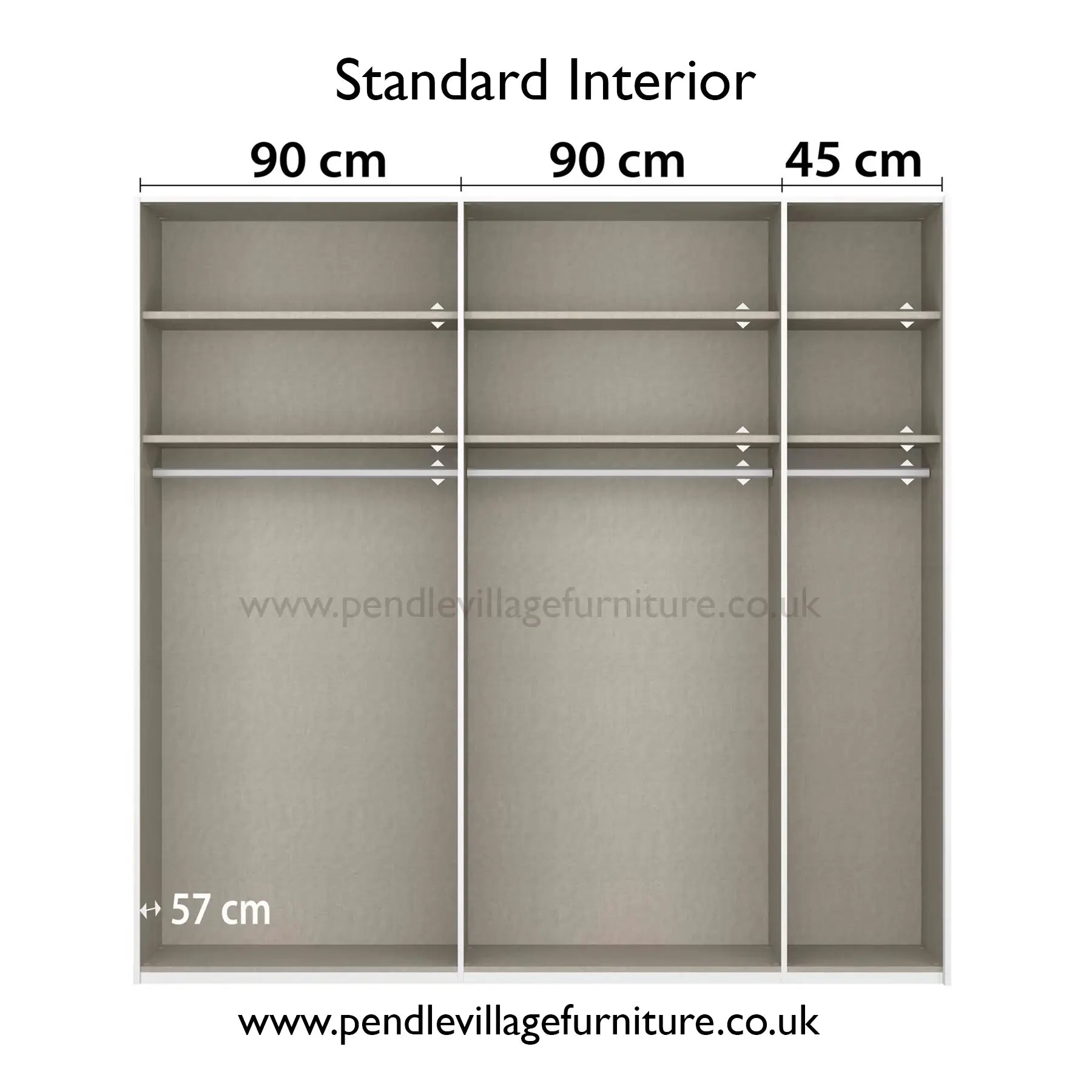 Measurement chart of a standard interior of a wardrobe with dimensions labeled - Width 226cm