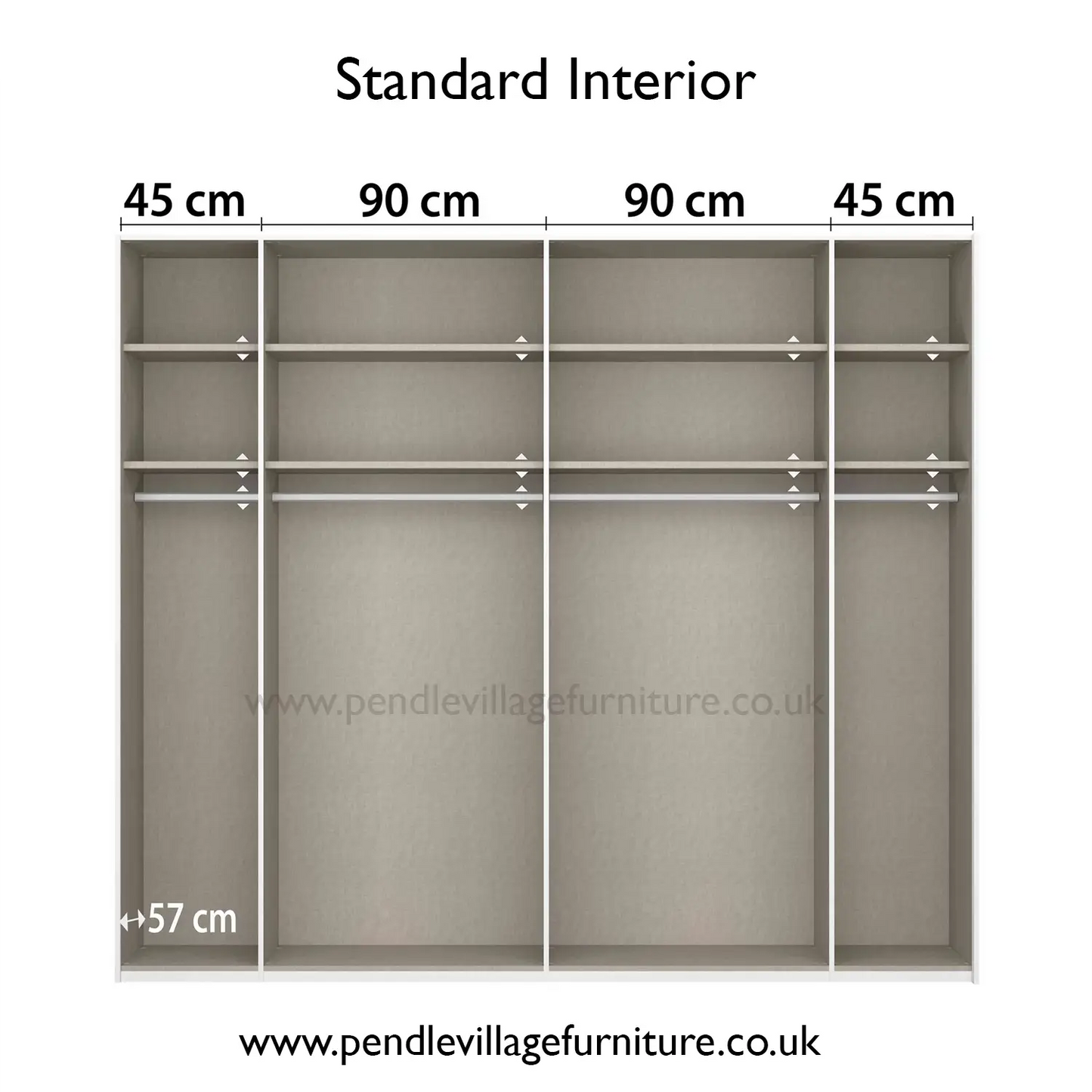 Measurement chart of a standard interior of a wardrobe with dimensions labeled - Width 271cm