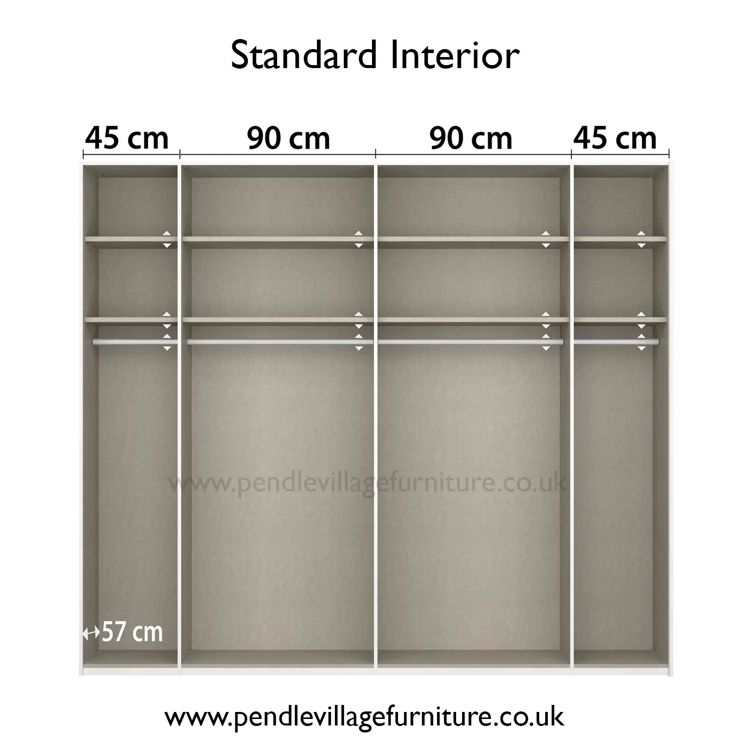 Measurement chart of a standard interior of a wardrobe with dimensions labeled - Width 271cm