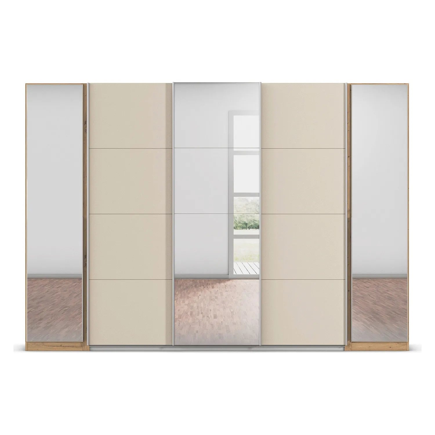 Rauch Agor 301cm Artisan Oak & Champagne Hinged and Sliding Door Wardrobe With Mirror - Pendle Village Furniture