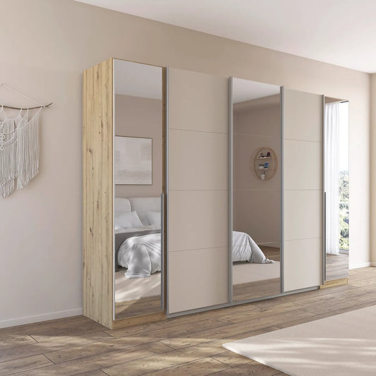 Rauch Agor Artisan Oak & Champagne Hinged and Sliding Door Wardrobe With Mirror - styled in a room