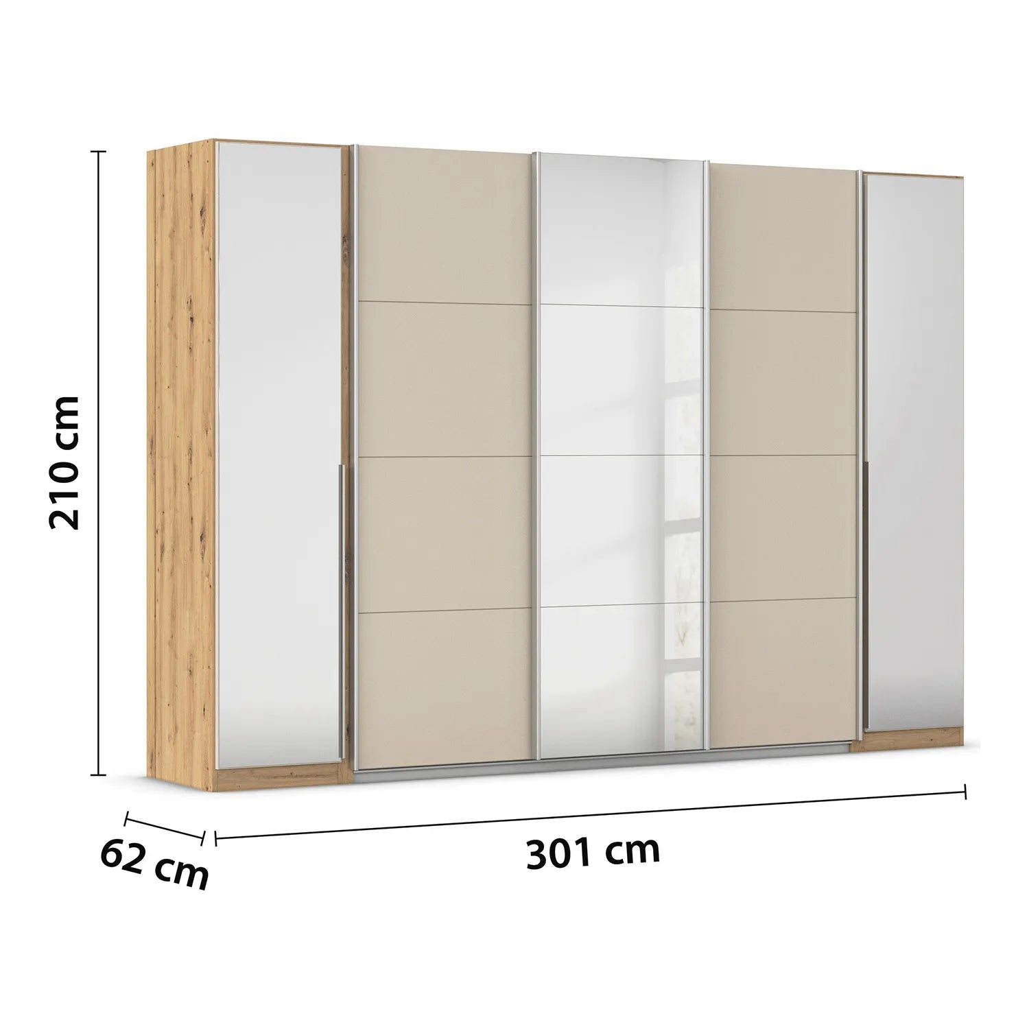 Rauch Agor Artisan Oak & Champagne Hinged and Sliding Door Wardrobe With Mirror  and dimensions on a white background