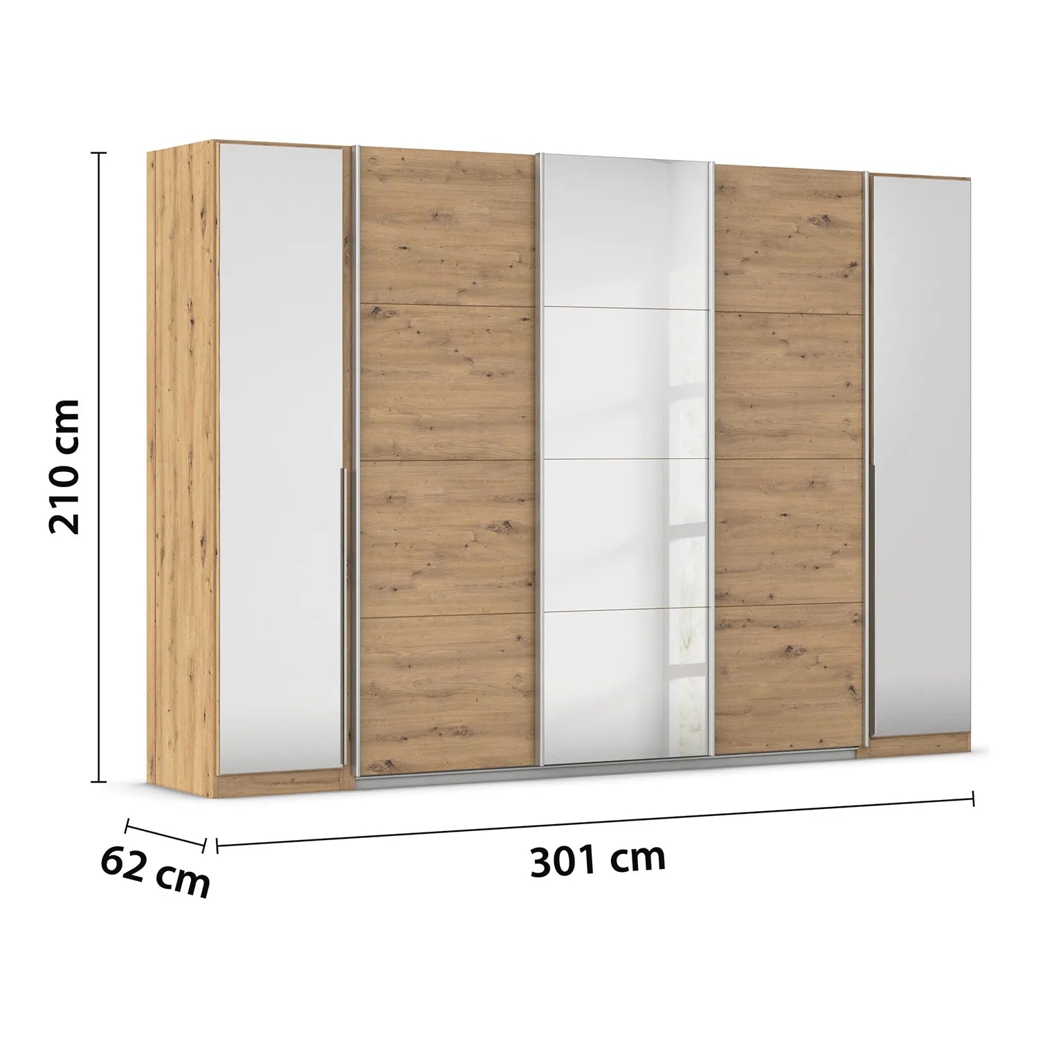 Rauch Agor Artisan Oak Hinged and Sliding Door Wardrobe With Mirror and dimensions on a white background