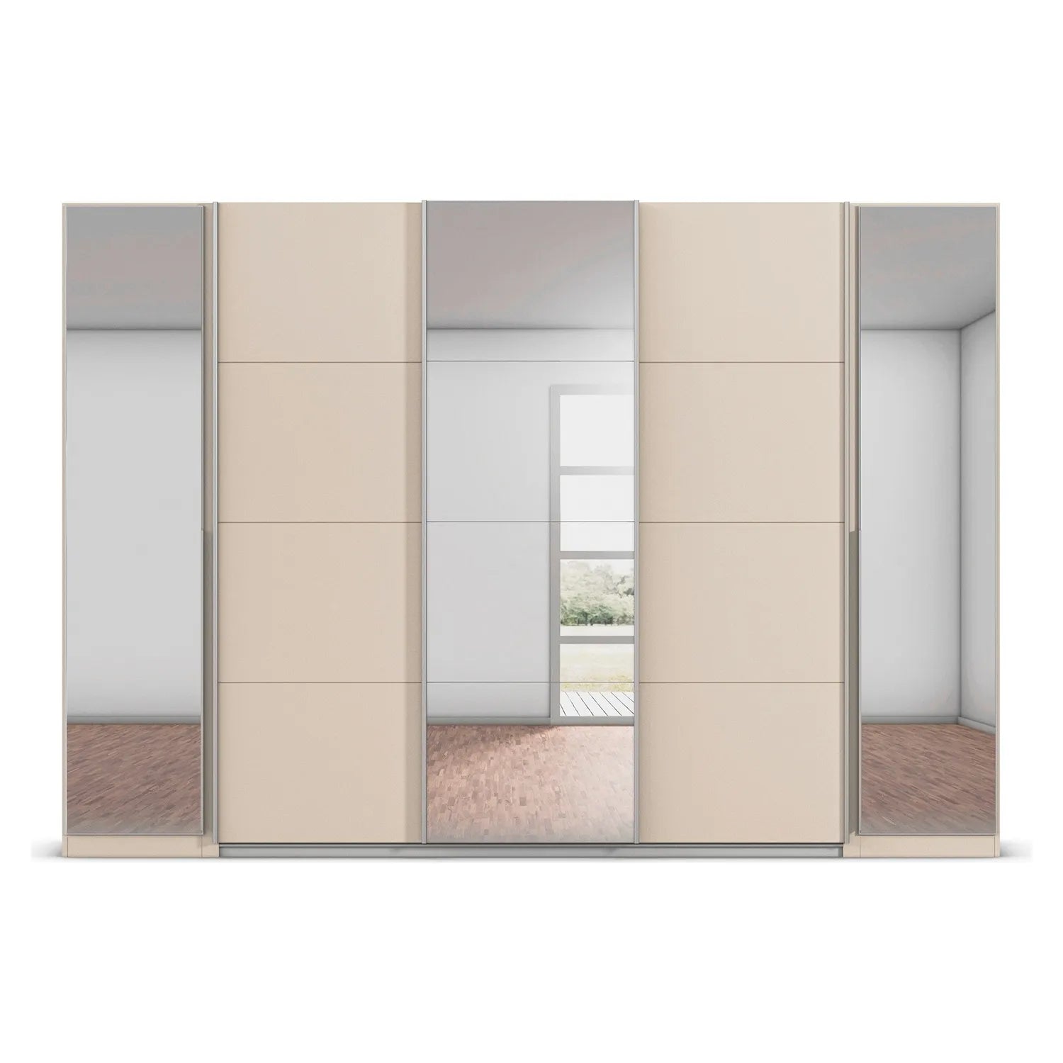 Modern wardrobe with sliding doors and Hinged Doors featuring a combination of Mirror and Champagne Colour Doors.