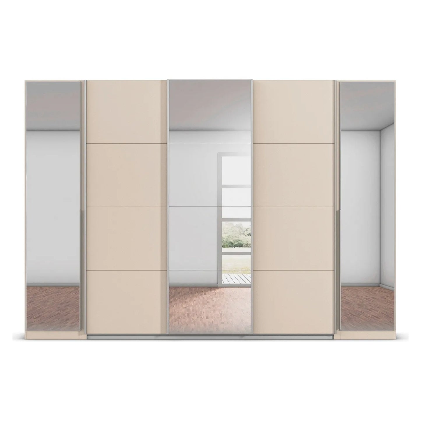 Modern wardrobe with sliding doors and Hinged Doors featuring a combination of Mirror and Champagne Colour Doors.