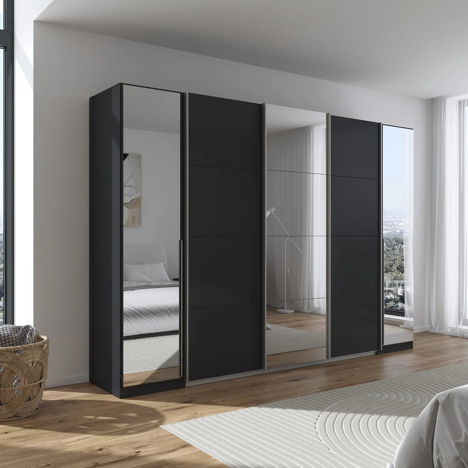 Black wardrobe with mirrors in a modern bedroom setting