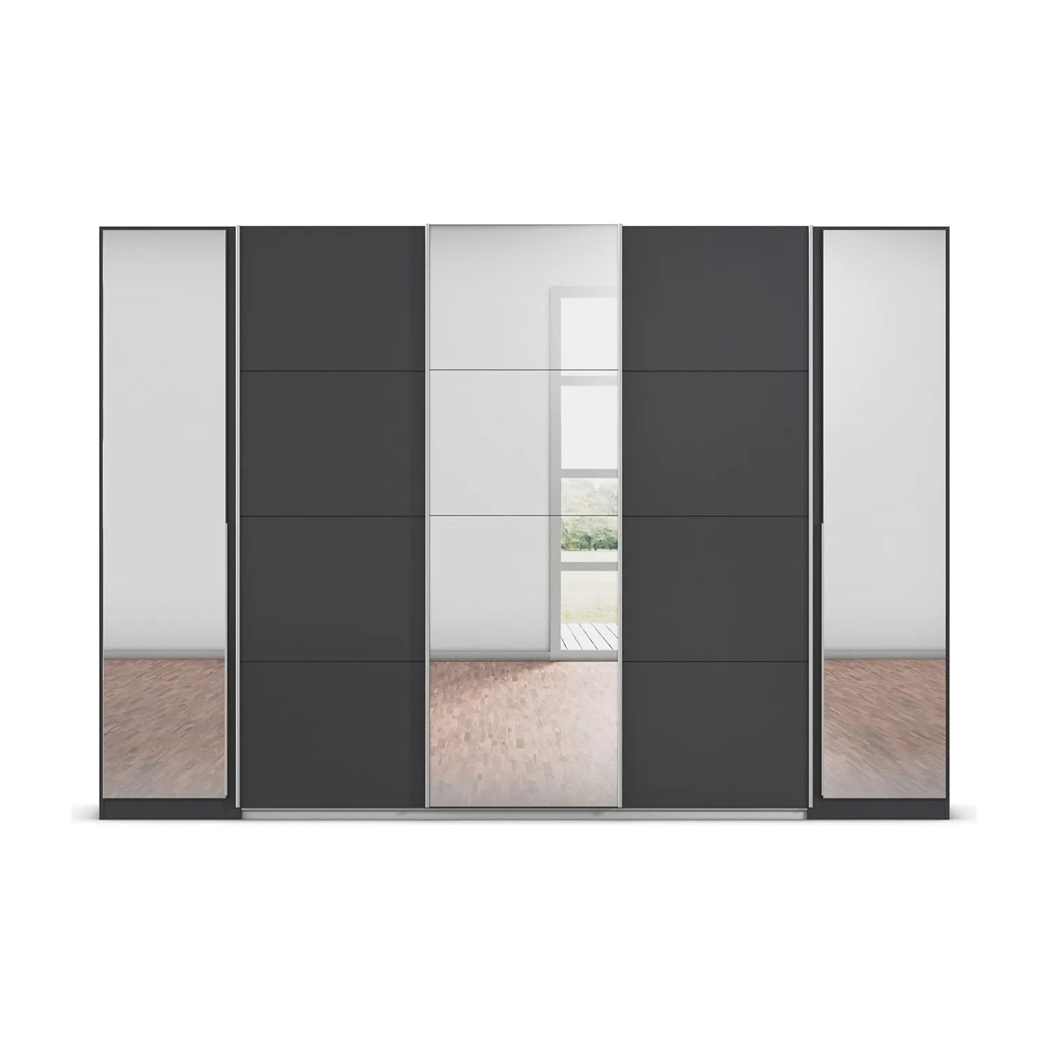 Rauch Agor Metallic Grey Or Basalt Glass Hinged and Sliding Door Wardrobe With Mirror - W301cm