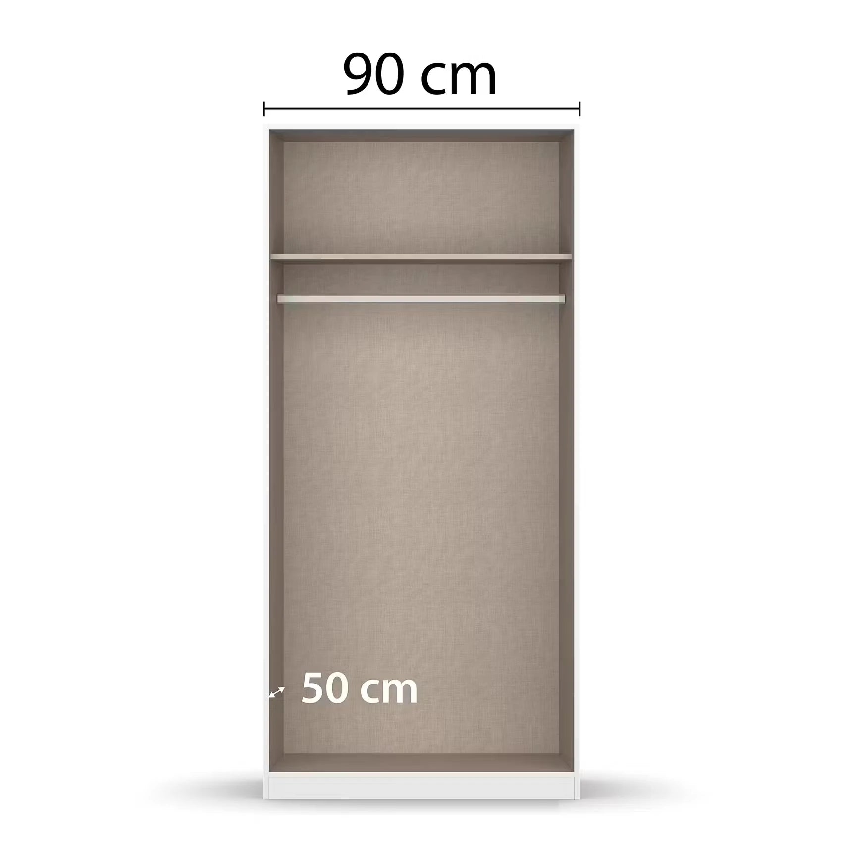A tall wardrobe or closet organizer shown without doors on white background, with dimension labels indicating 90 cm width and 50 cm depth.